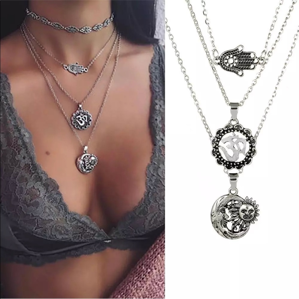 3-Strand Boho Necklace Sun/Moon OM Hamsa Hand Chic